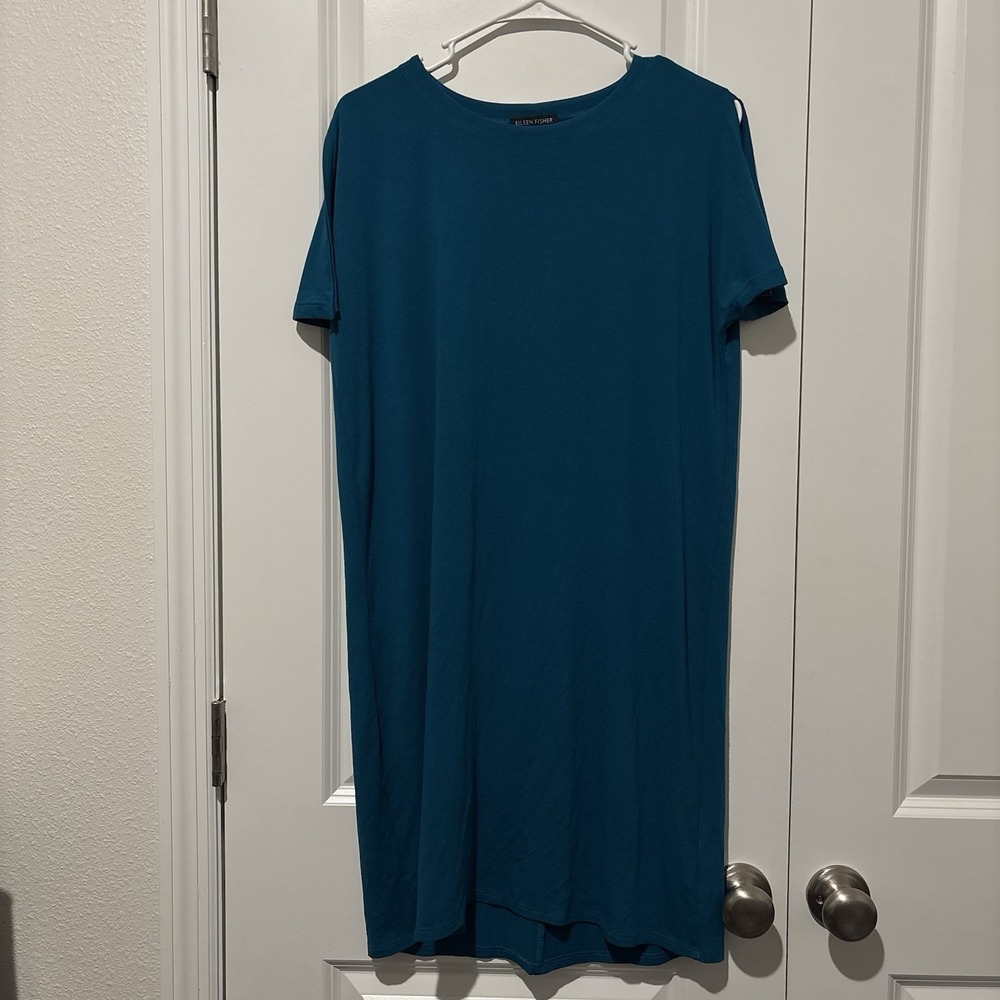 EILEEN‎ FISHER Dress Size XS Blue Teal Split/Cold Shoulder Boat Neck Women's